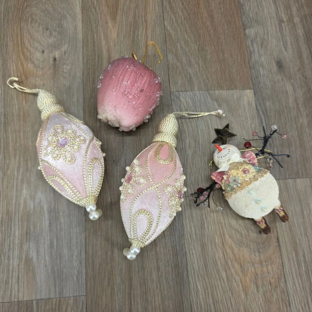 Vintage Pink Velvet Drop Snowman & Beaded Apple Christmas Ornaments Set of 4